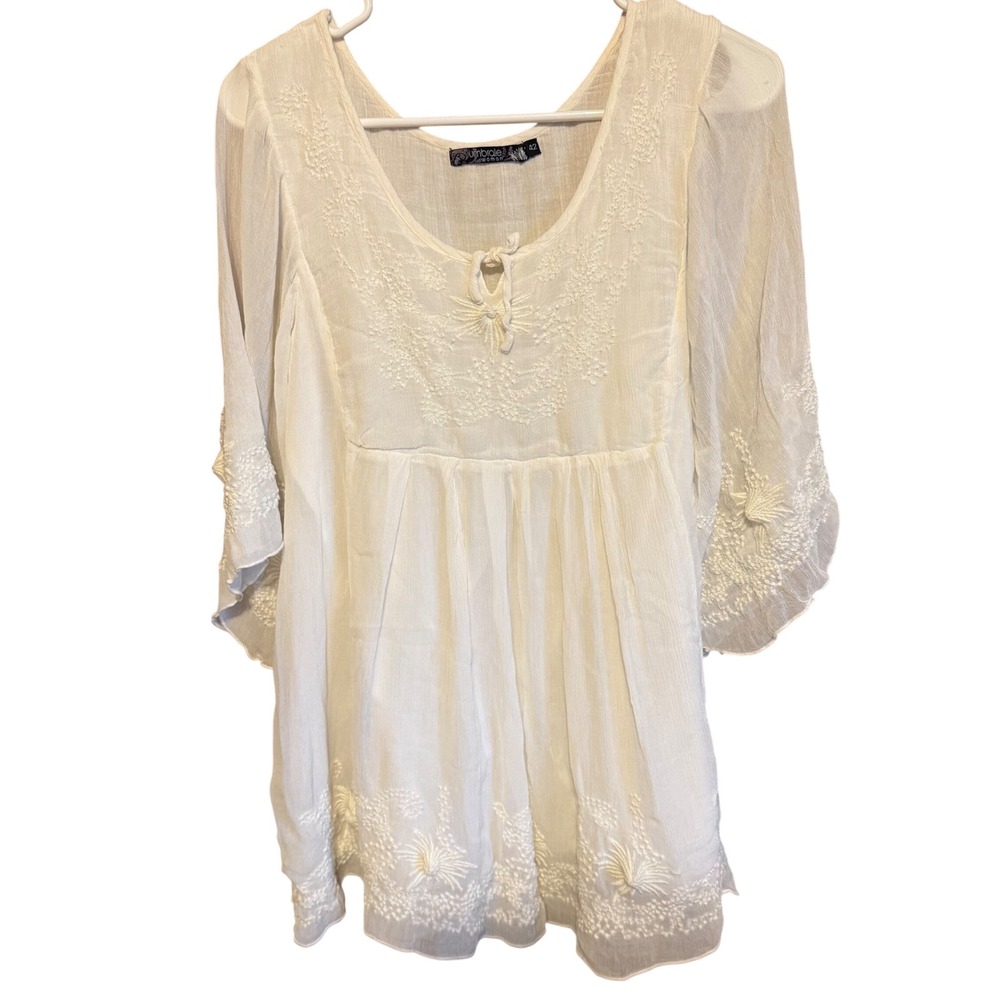 Umbrale Tunic Top Womens 42 White Excellent Boho Embroidered Viscose Bell Sleeve